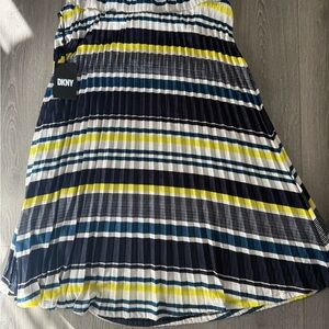 DKNY Womens Modern Bright Navy Blue Yellow Striped Pleated‎ Bold Midi Skirt